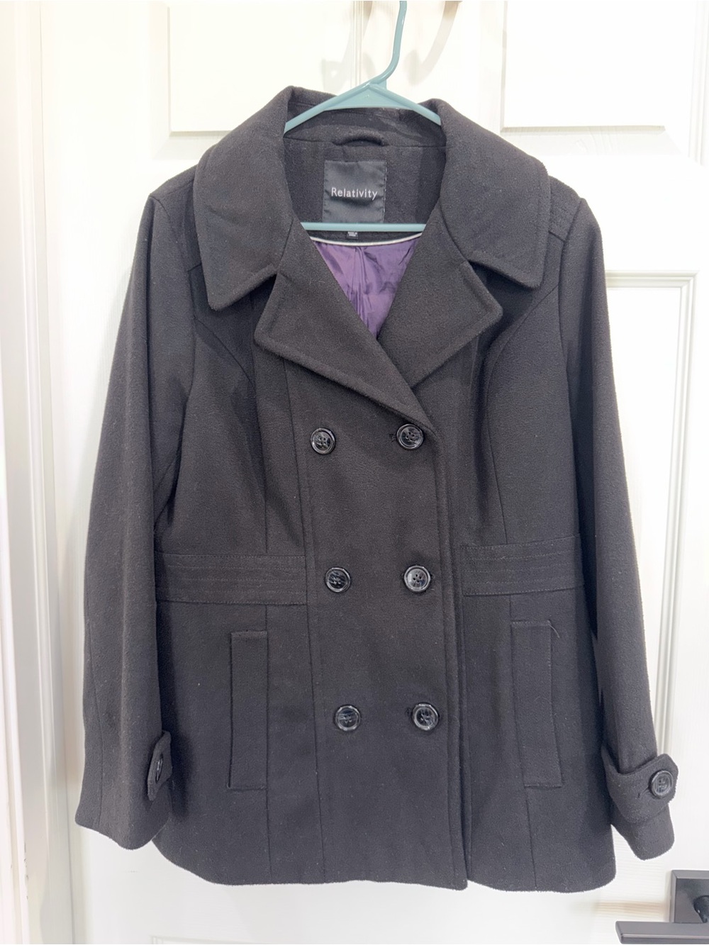 Relativity Women's Black Double-Breasted Pea Coat with Purple Lining